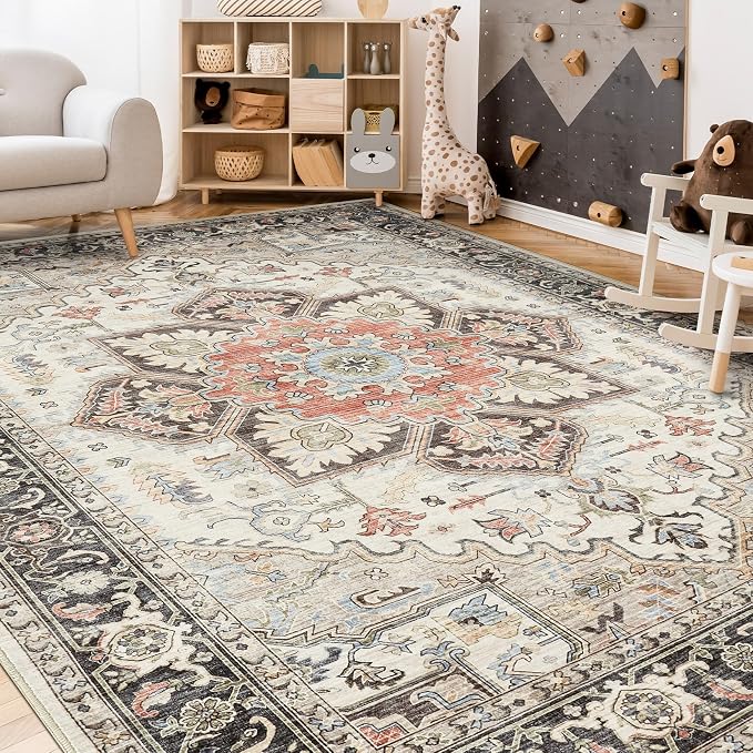 Area Rug 9x12 for Living Room, Medallion Printed Ultra-Thin Soft Large Carpet, Oriental Non Slip Big Washable Fade Stain Resistant Rugs for Bedroom Dining Room Home Office Decor