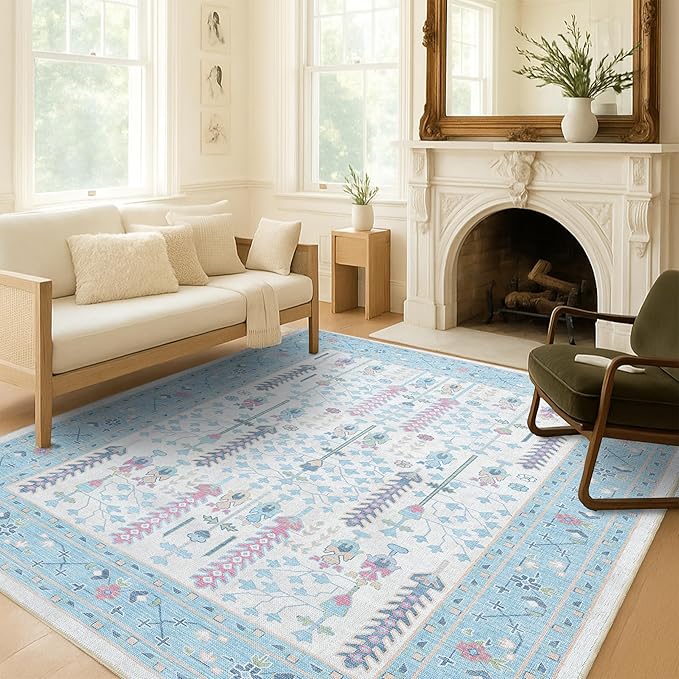 Fame Living Cream Blue Oushak Rug, Modern, Vintage, Turkish, Eclectic, Floral, Pastel, Washable, Area Rugs for Living Room, Dining, Bedroom, Office, Entryway, Foyer, Playroom, Nursery, 5'x6'9"