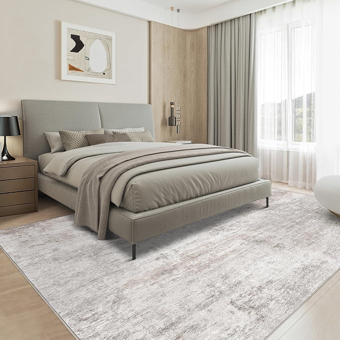 Abstract 8x10 Area Rug: Machine Washable Non Slip Ultra Thin Low-Pile Carpet, Soft Stain Resistant for Living Dining Room Bedroom, Kid Pet Friendly, Robot Vacuum Compatible - Brown Grey