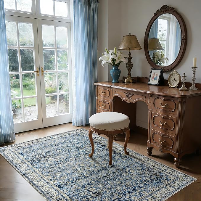 Machine Washable Area Rugs 4x6 Blue Low Pile Soft Carpet for Dining Room Vintage Floral Distressed Style Dark Blue 4 by 6 Rug for Living Room Home Office Small Throw Rug for Bedroom