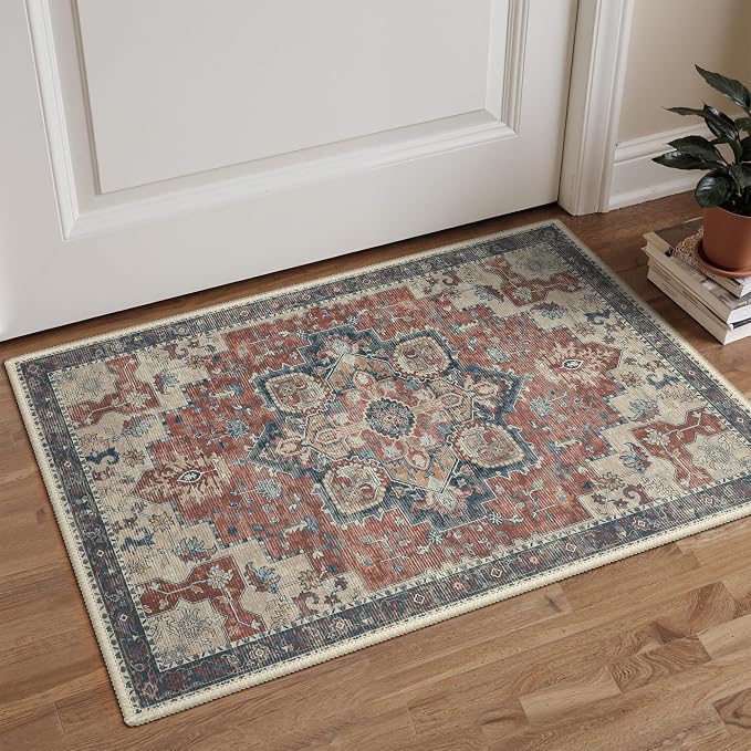 GENIMO Area Rug 2x3 Doormat, Machine Washable Low Pile Rugs, Small Retro Entryway Mat for Entrance, Hallway, Kitchen and Corridor, Bordeaux
