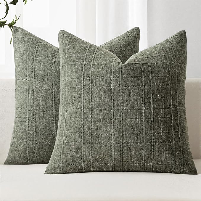 MIULEE Decorative Linen Check Euro Shams Throw Pillow Covers Neutral Farmhouse Vintage Spring Pillow Covers 22x22 Set of 2 Boho Modern Home Decor for Sofa Couch Bedroom Cushion Olive Green