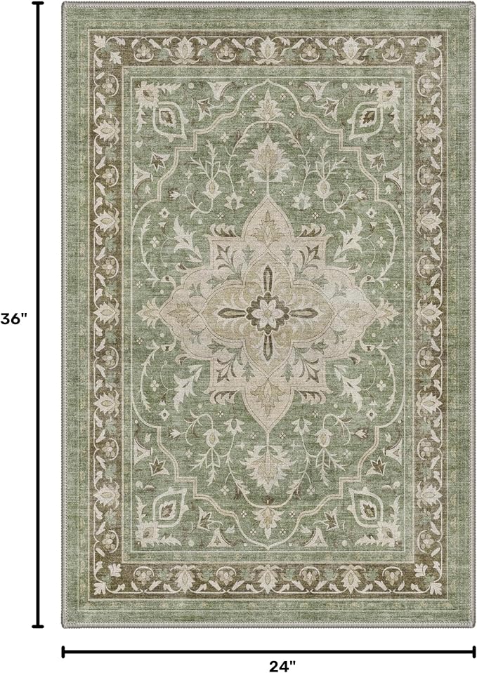 GENIMO 2x3 Rug Non Slip Backing Low Pile Washable Indoor Mat for Kitchen Entryway Bathroom, Front Door Mat Machine Washable Floral Medallion Sage Green