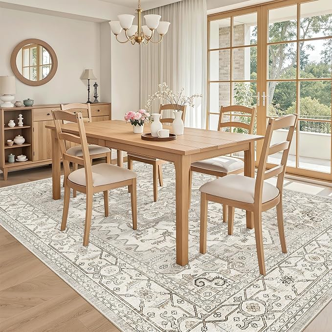 Madane 6x9 Area Rugs for Living Room, Vintage Washable Rug, Beige/Brown | Stain Resistant Floor Carpet With Non-Slip Backing For Bedroom, Dining Bedroom And Office, Soft Low-Pile Home Decor Mat
