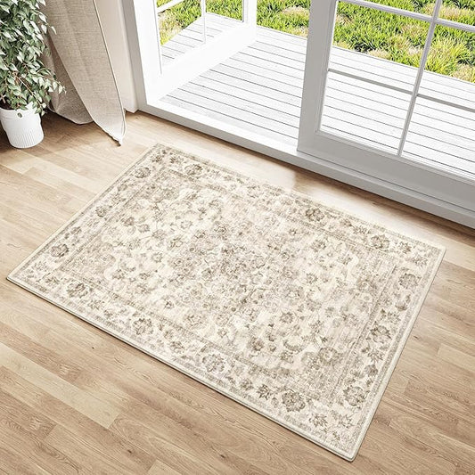 2x3 Washable Neutral Area Rug Beige Vintage Entryway Kitchen Carpet Non-Slip Soft Low Pile Farmhouse Indoor Small Throw Rug for Bedroom Bathroom Entrance