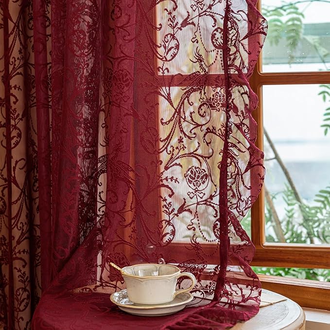 TUDECO Sheer Maroon Curtains for Bedroom 80 Inches Long - Elegant Flower Pattern Lace Curtains for Closet Door Way 2 Panels, Light Filtering Burgundy Drapes with Ruffle Edges, 59W x 80L Inch