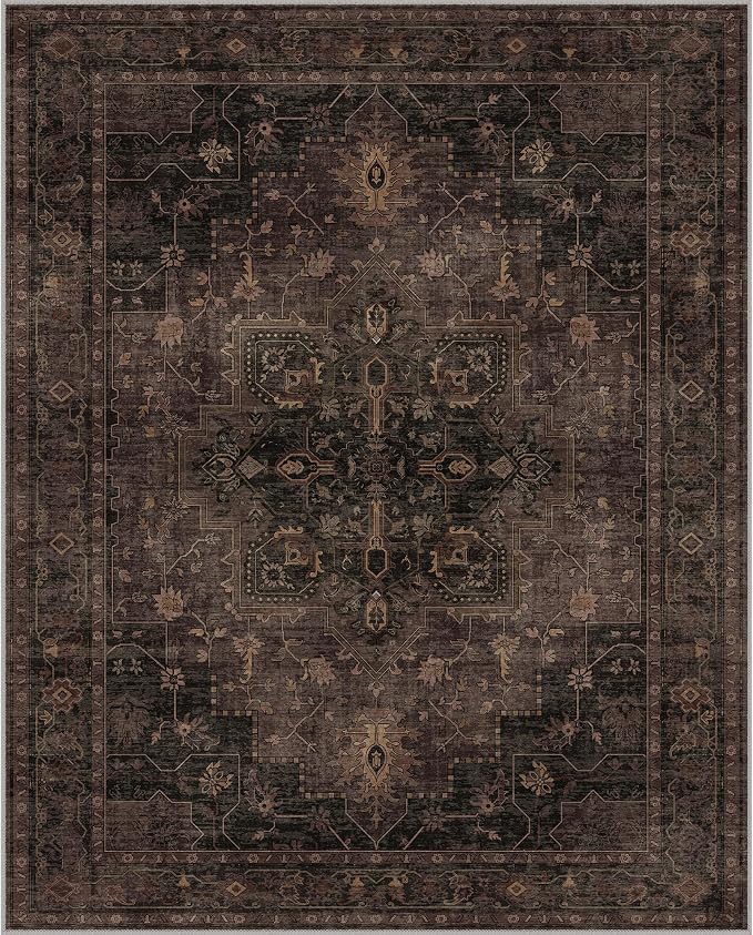 GENIMO 8x10 Area Rugs for Living Room, Machine Washable Rug, Non Slip Indoor Vintage Rug, Low Pile Lightweight Print Carpet for Bedroom Dining Room Home Office, Charcoal Brown