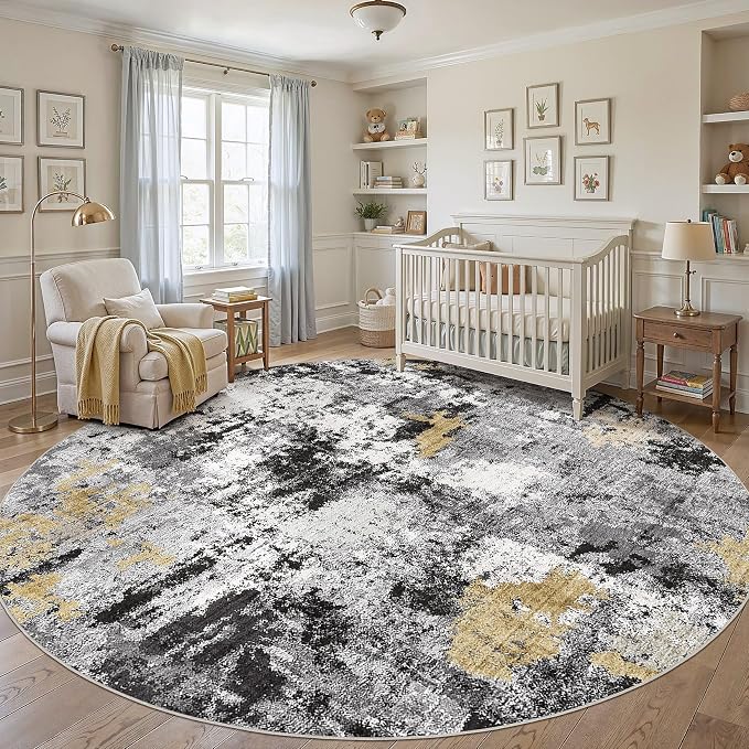 Abstract 12FT Round Rug: Machine Washable Non Slip Ultra Thin Low-Pile Carpet, Soft Stain Resistant for Living Dining Room Bedroom, Kid Pet Friendly, Robot Vacuum Compatible - Black Gold
