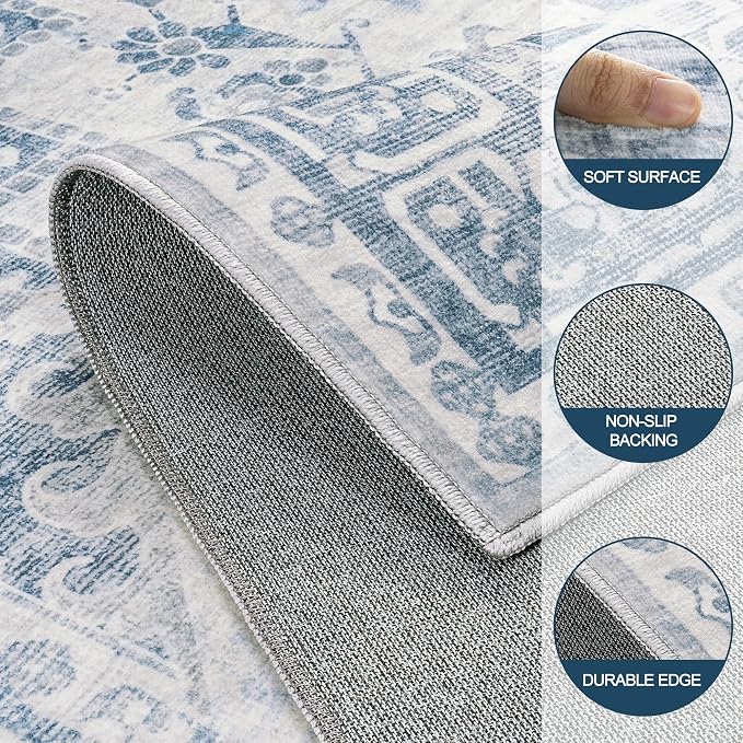 8x10 Area Rugs for Living Room:Blue Washable Vintage Medallion Boho Rug Non-Slip No Slip Stain Resistant Soft Low Pile Large Rugs Indoor Retro Carpet for Bedroom Nursery Dining (Blue Grey 8'x10')