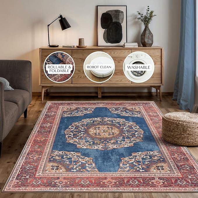 Navy Blue Brick Oushak Large Area Rug 8x10 - Washable Boho Rug Vintage Turkish Non-Slip Carpet Non-Shedding Extra Large Area Rugs for Living Room, Dining, Bedroom, Lounge, Farmhouse