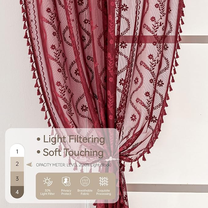 WAZZIO Boho Lace Curtains 2 Panels 63 Inch -Victorian Sheer Panel Drape French Country Floral Pattern & Tassel Light Filtering Privacy for Bedroom Dining Living Room,Burgundy Red,W52x L63