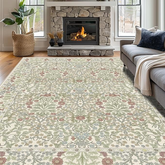Vintage Light Green Living Room Rug, 8x10 Washable Area Rugs for Dining Room Under Table, Soft Low Pile Large Carpet Bedroom, Non-Slip Boho Floral (8 x 10 Light Green)