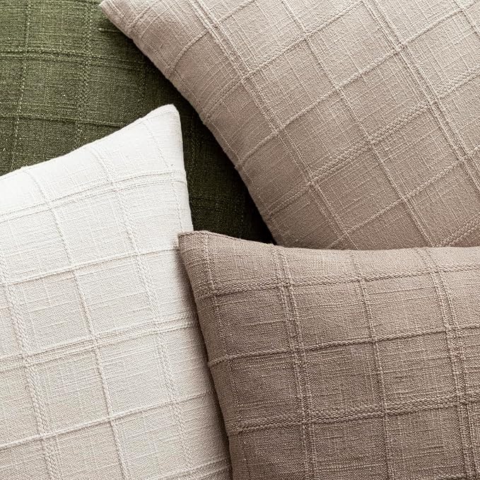 Foindtower Set of 2 Decorative Linen Check Throw Pillow Covers Neutral Farmhouse Vintage Cushion Covers Modern Boho Home Decor for Sofa Chair Couch Bedroom Living Room,24×24 Inch,Tan Taupe