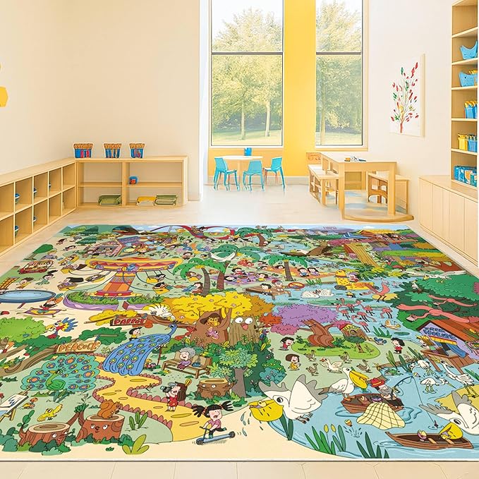 Hazo Haus Extra Large Jungle Explorer Rug 8x10 – Vibrant Cartoon Safari with Birds, Boats, Rides & Forest Scenes – Ideal for Playrooms, Classroom, Daycares, or Activity Spaces