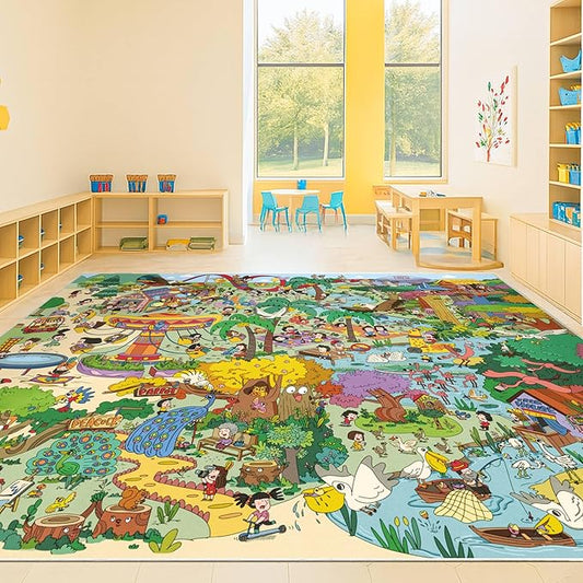 Hazo Haus Extra Large Jungle Explorer Rug 8x10 – Vibrant Cartoon Safari with Birds, Boats, Rides & Forest Scenes – Ideal for Playrooms, Classroom, Daycares, or Activity Spaces