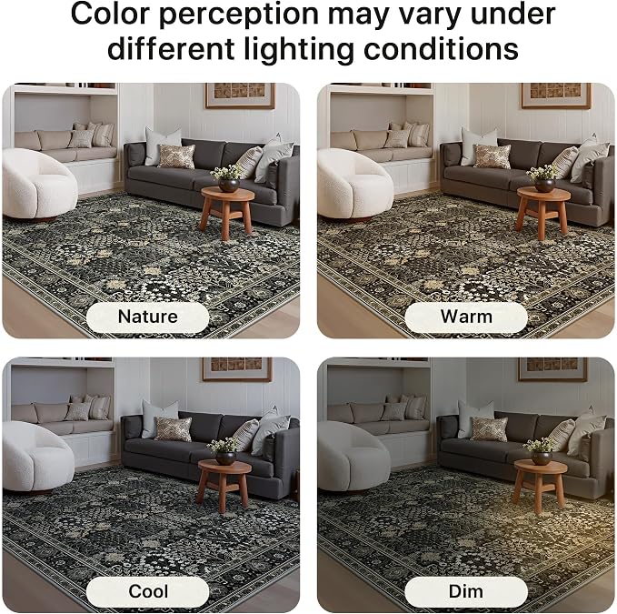 Bavni Area Rugs 8X10-Machine Washable Rug Lightweight Low Pile, Vintage Floral Rug Non-Shedding Distressed Throw Carpet for Living Room Bedroom Office, Black