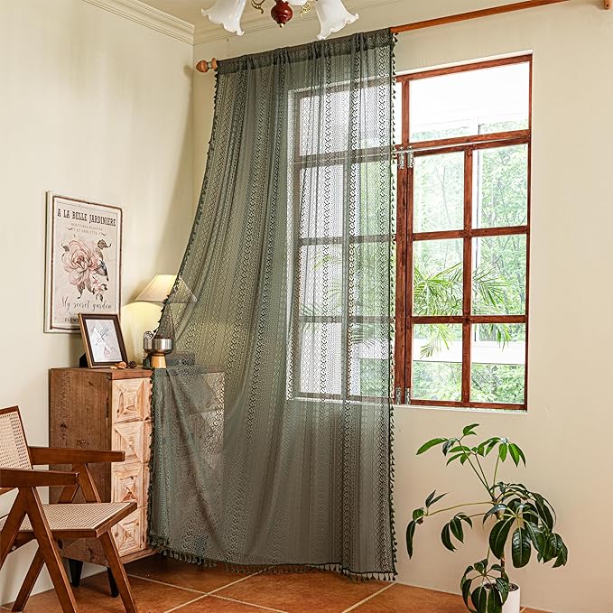 Sutuo Home Olive Green Boho Curtains 108 inches Long, Crochet Lace Sheer Bohemian Hollow Knitted Cute Tassels, Vintage Farmhouse for Bedroom Living Room Nursery Room, 1 Panel 59" W x 108" L