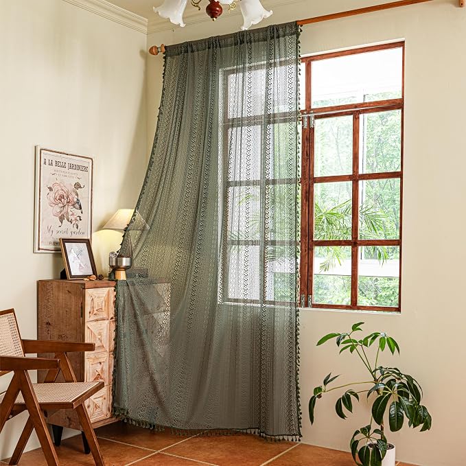 Sutuo Home Olive Green Boho Curtains 96 inches Long for Living Room Bedroom,Crochet Lace Sheer Bohemian Hollow Knitted Handmade Tassels, Vintage Farmhouse Xmas Decor, 1 Panel 59" W x 96" L