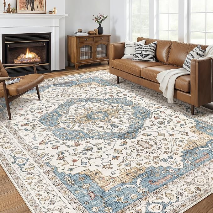 11x14 Area Rugs for Living Room - Large Carpet Ultra Thin Soft Washable Oriental Vintage Floral Distressed Big Indoor Carpets for Bedroom Nursery Dorm Home Decor Aesthetic - Blue/Beige