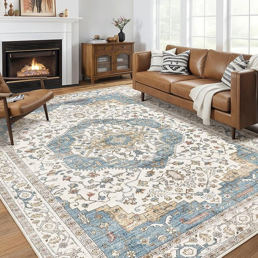 8x11 Area Rugs for Living Room - Large Carpet Ultra Thin Soft Washable Oriental Vintage Floral Distressed Rug Big Indoor Carpets for Bedroom Nursery Dorm Home Decor Aesthetic - Blue/Beige