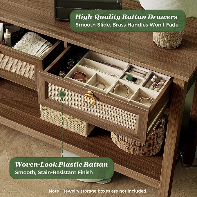 SUPERJARE Rattan Console Sofa Table with Outlets and USB-C Port, 3 Drawer Entryway Table with Synthetic Rattan Surface, 53.9 Inch, Open Shelf, Behind Couch Entry Foyer Hallway Storage, Brown