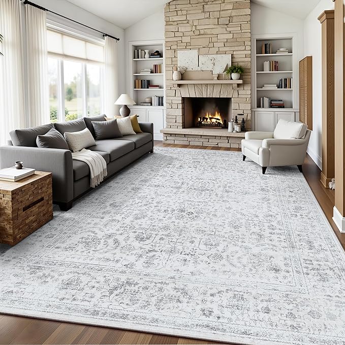 8x10 Area Rugs for Living Room, Washable Vintage Retro Floral Rug, Low Pile Non Slip Distressed Large Carpet for Bedroom, Dining Room, Office, Home (Grey)