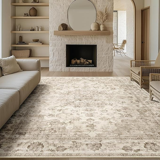 10x12 Neutral Area Rug Beige Vintage Living Room Bedroom Washable Carpet Non-Slip Soft Low Pile Farmhouse Indoor Large Throw Rug for Dining Room Office