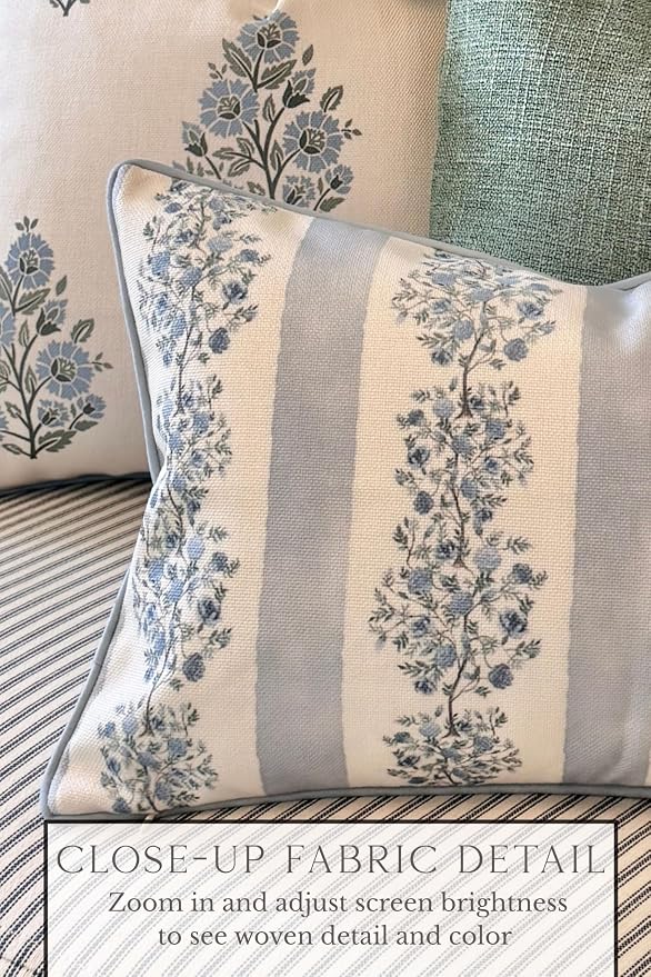 Jillien Harbor “The Juliet” Floral Block Print Pillow Cover – Soft Blue and Off-White Decorative Throw Pillow Cover – Grandmillennial Home Decor, 12"x20"