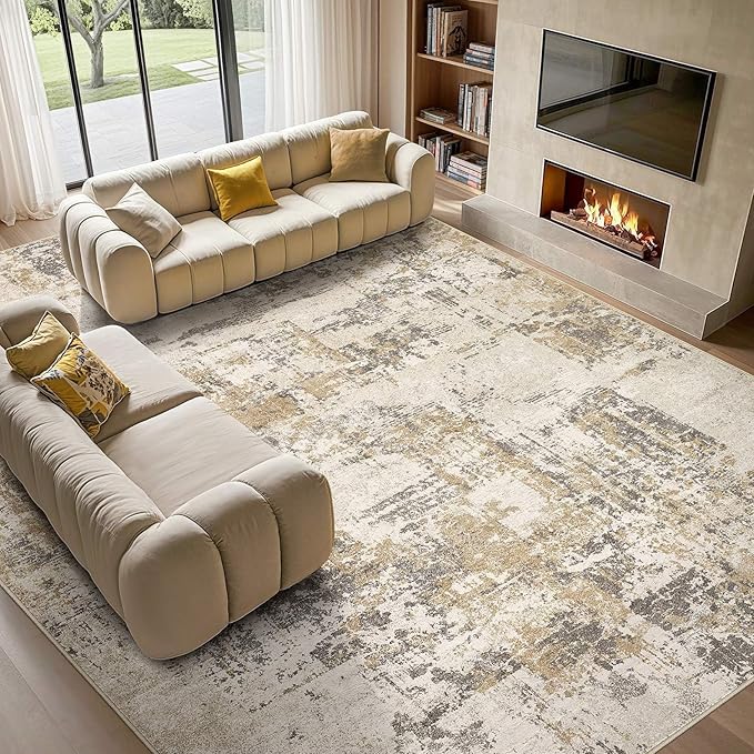 Tortania Washable 9x12 Area Rug for Living Room: Modern Abstract Neutral Large Soft Thin Rugs - Non Slip Indoor Carpet for Bedroom Dining Room Office Nursery Home Floor Decoration - Beige/Brown/Gray