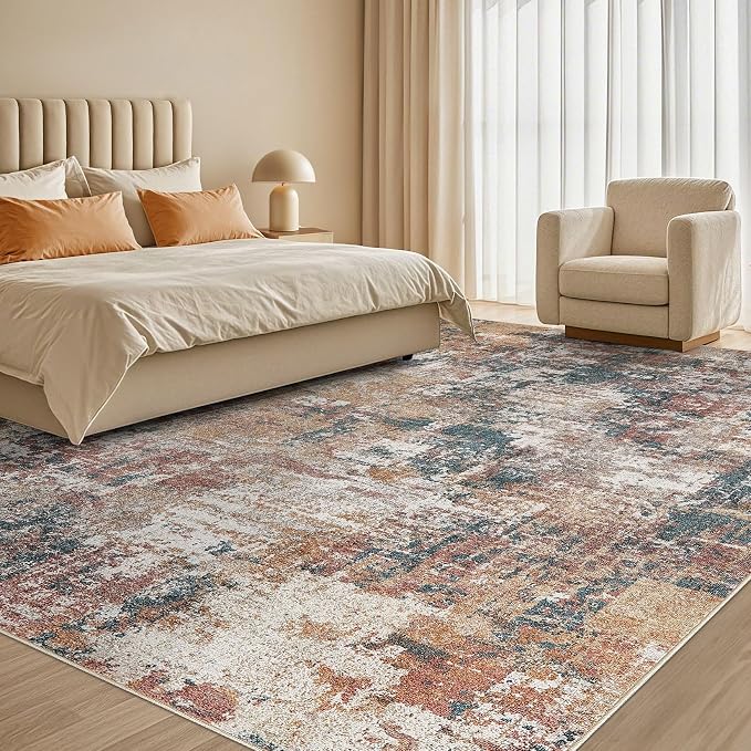 Tortania Washable 8x10 Area Rug for Living Room: Modern Abstract Neutral Large Soft Thin Rugs - Non Slip Indoor Carpet for Bedroom Dining Room Office Nursery Home Floor Decoration - Colorful Multi