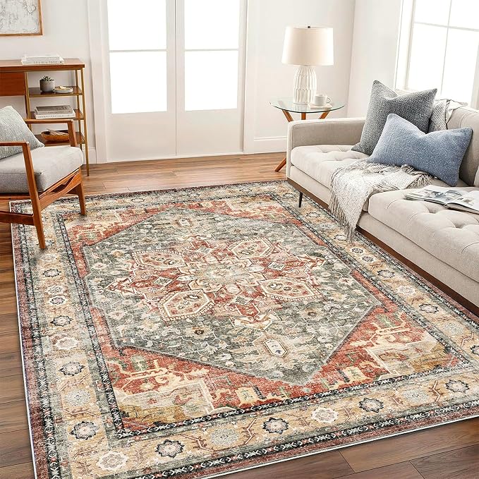 CHAMPLANT Washable Area Rug 9'x12' Red Khaki Retro Flowers Boho Design Non-Shedding Easy Care Ideal for High Traffic Areas in Living Room Bedroom Office Coffee Table Kitchen Large Carpet