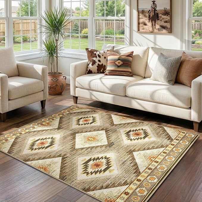 BESTSWEETIE Area Rug 3x5 Machine Washable Non-Slip Low Pile Print Pattern Western Rug for Living Room Bedroom Entryway Tribal Series Cream/Camel