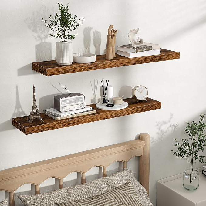 Fun Memories Floating Shelves for Wall, 36 Inch Long Set of 2 Rustic Wood Wall Shelves with Invisible Brackets, Heavy Duty Storage Display for Living Room Bedroom Kitchen, Brown