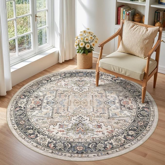 Area Rug for Living Room - 5x5 Large Soft Washable Oriental Vintage Floral Carpet Safe for Babies & Pets - Fade Stain Resistant Non Slip Rugs for Bedroom Dining Room Nursery Dorm Office Home Decor