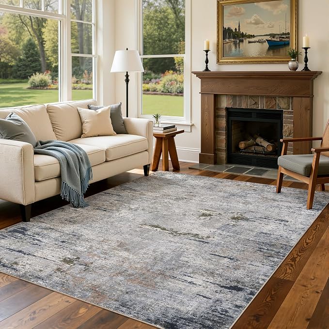 DMOYEST Area Rug Living Room Rugs - 5x7 Washable Large Soft Indoor Neutral Modern Abstract Low Pile Rug Carpet for Bedroom Dining Room Farmhouse Home Office - Blue/Grey/Brown