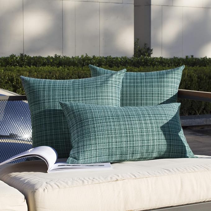 Kevin Textile Outdoor Waterproof Throw Pillow Covers 12x24 Inch Pack of 2 Woven Faux Linen Farmhouse Decorative Water Resistant Lumbar Cushion Covers for Tent Patio Garden Couch Sofa Teal