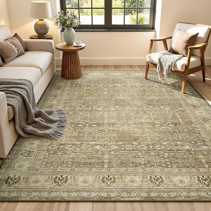 Lofus 5x7 Washable Brown Area Rug for Living Room Bedroom Non-Slip Low Pile | Soft Boho Vintage Area Rugs for Bedroom Dinning Room Home Office Indoor