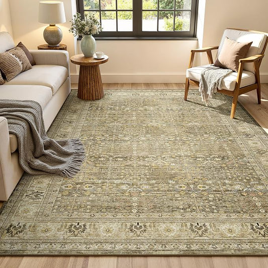 Lofus 5x7 Washable Brown Area Rug for Living Room Bedroom Non-Slip Low Pile | Soft Boho Vintage Area Rugs for Bedroom Dinning Room Home Office Indoor