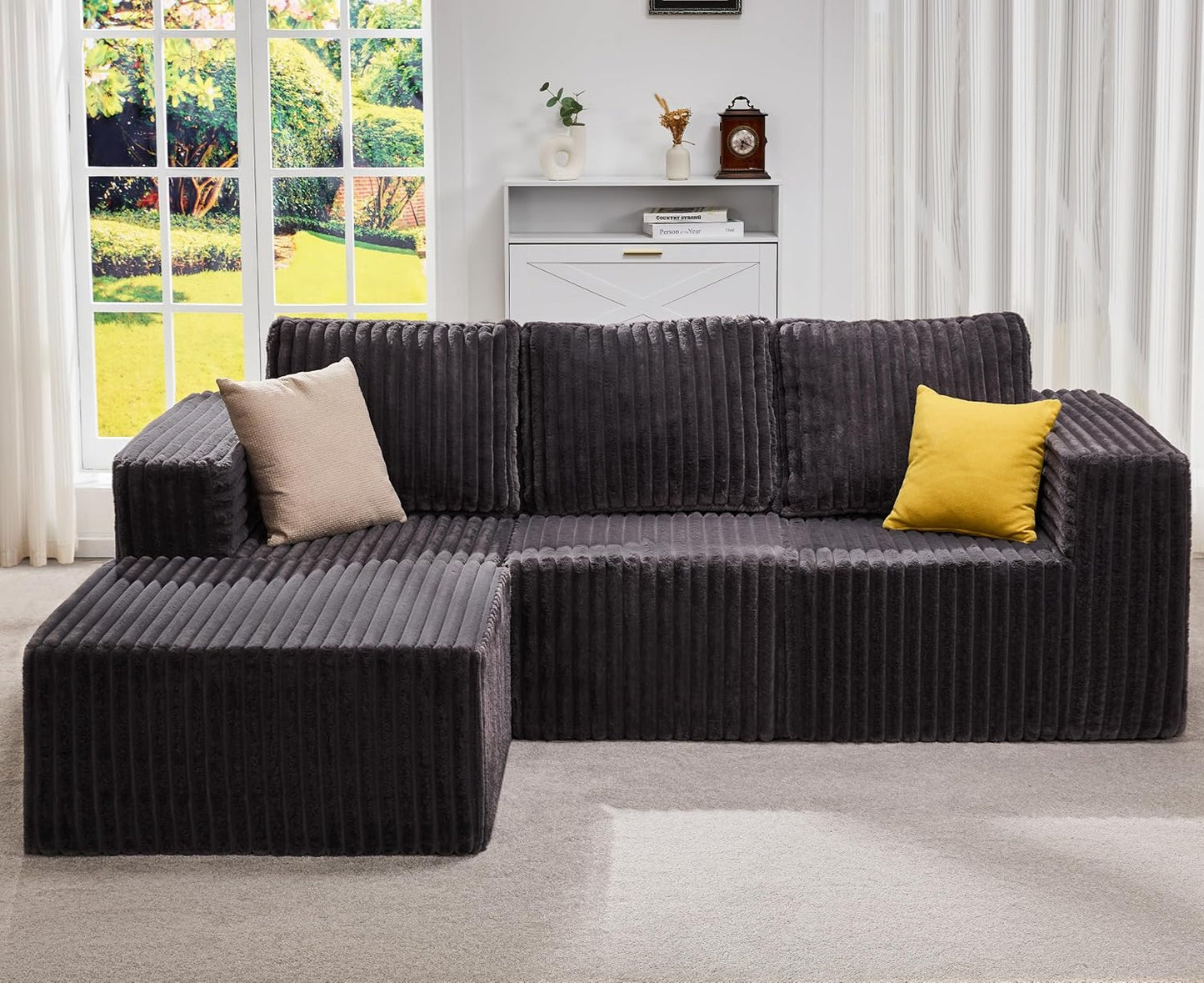 Hobestluk Modular Sectional Sofa Memory Foam Couch Oversized Sectional Sofa 3-Seater with Chaise Cloud Couch with Removable Cover L Shape Sofa for Living Room (Strip Grey, 3-Seater with Chaise)