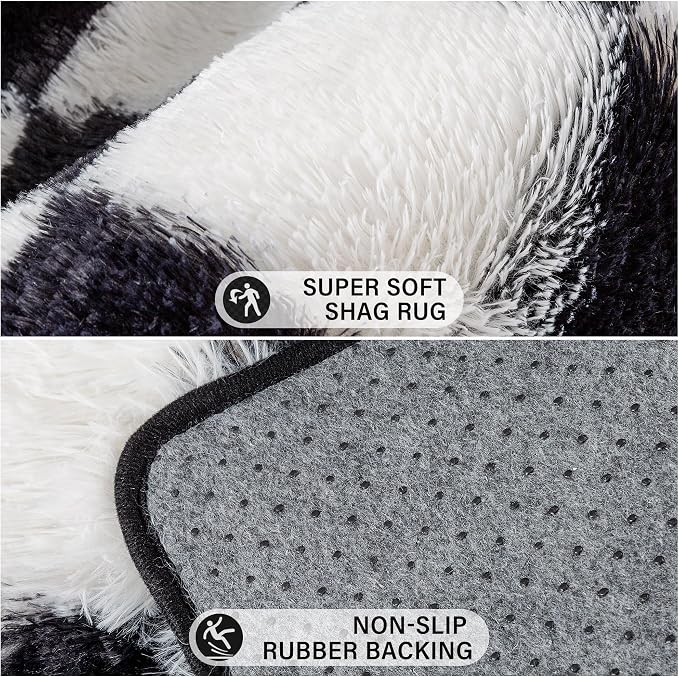PureCozy Checkered Rug 8x10 for Living Room, Black and White Modern Shag Rugs Super Soft Washable Indoor Office Fuzzy Carpet Non-Slip Fluffy Rugs for Bedroom Home Aesthetic Decor