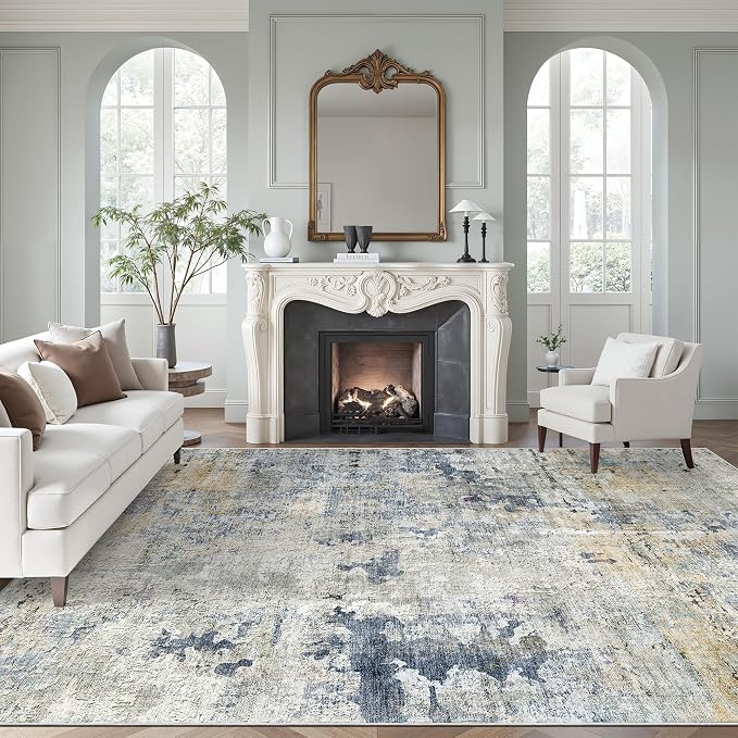 Soalmost Abstract Rug 8x10 Large Living Room Rugs Neutral Modern Washable Area Rugs for Bedroom Dining Room Non-Slip Stain Resistant Foldable Thin Rug Blue Yellow