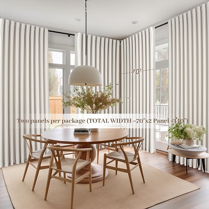 108 Inch Floor to Ceiling Blackout Curtains 70 Inches Wide for Sliding Glass Door,Luxury Pleated Cream Beige Linen Room Darkening Privacy for Wide Large Windows 66 to 120 Drapes(70"W x 108"L 2 Panels)
