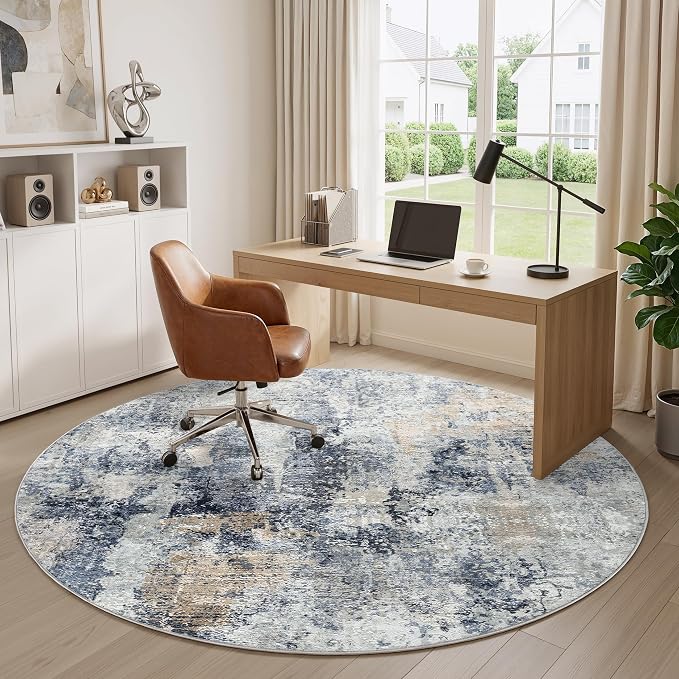 WITSHOCK Area Rugs 6ft Round Living Room Rug - Washable Neutral Soft Low Pile Non-Slip Modern Abstract Thin Large Indoor Carpet for Bedroom Dining Room Nursery Office - Dark Blue Brown
