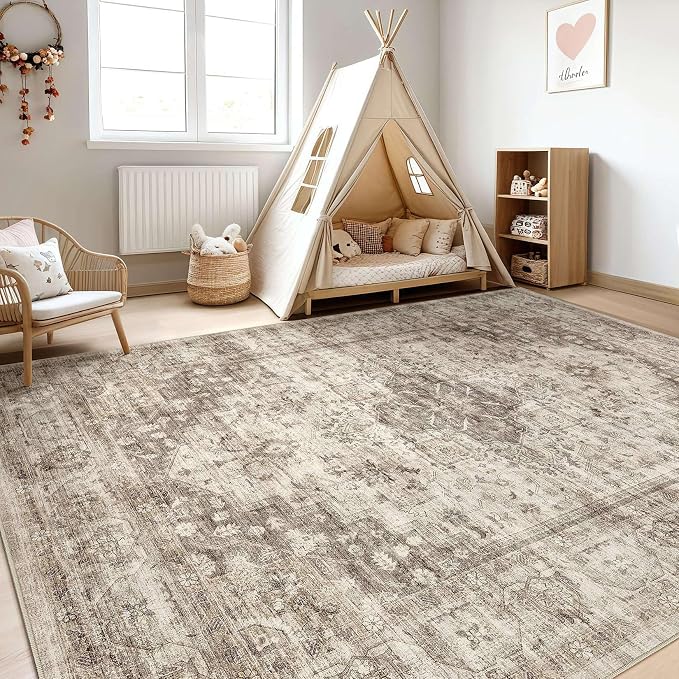 10x14 Area Rugs Living Room: Washable Boho Large Neutral Vintage Soft Rug Stain Resistant Farmhouse Non Slip Indoor Floor Carpet for Bedroom Nursery Kids Playroom Office Dining Room- Tan