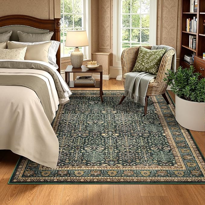 Lofus 5x7 Washable Green Area Rug for Living Room Bedroom Non-Slip Low Pile | Soft Boho Vintage Area Rugs for Bedroom Dinning Room Home Office Indoor
