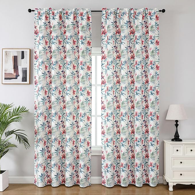 Joydeco Printed Curtains 84 inches Long,Pink Floral Blackout Curtains for Living Room 2 Panels,52 x 84 inch Rod Pocket Thermal Insulated Bohemian Drapes for Farmhouse,Bedroom,White