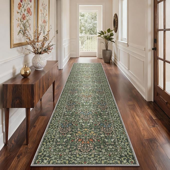 GENIMO 2.5x10 Washable Long Runner Rug, Non Slip Hallway Mat, Emerald Green | Vintage Boho Floral Low Pile Thin Mat for Entryway, Kitchen, Bedroom, Indoor Decor