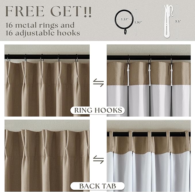 Light Brown Pinch Pleated 100% Blackout Linen Curtains for Bedroom 84 Inch Length Room Darkening with Liner Tan Coffee Window Curtains 84 Inches Long for Living Room Black Out Pleat Drapes Back Tab