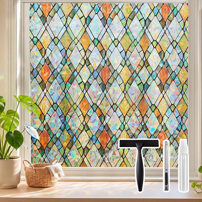Window Privacy Film, Stained Glass Static Cling Rainbow Stickers 17.5" x 78.7"Decorative Lattice Window Film Removable with Tools, UV Block Heat Control 3D Vinyl Covering Non-Adhesive for Home Door