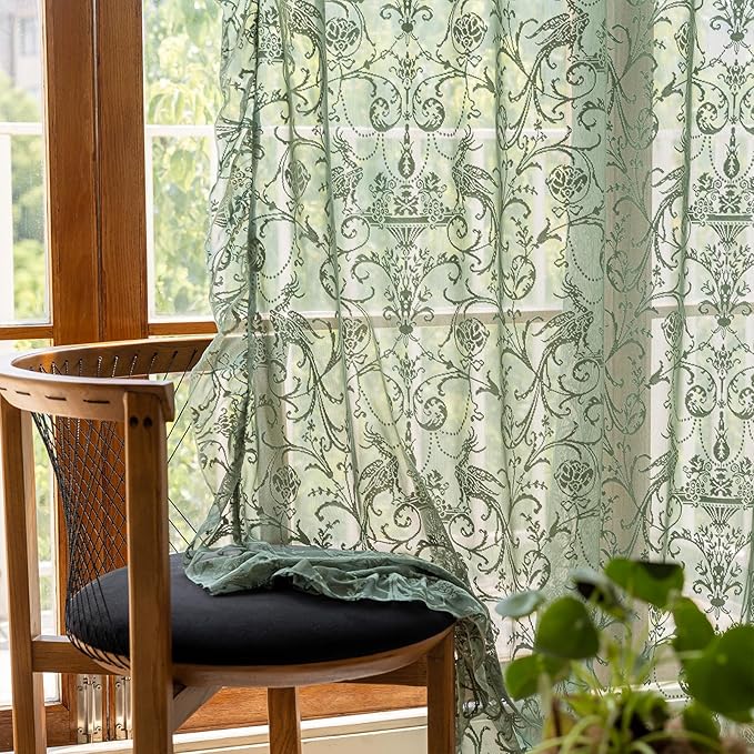 TUDECO Dark Green Curtains 96 Inch Long - Antique Embroidered Lace Sheer Curtains for Living Room, Farmhouse Summer Floral Forest Ruffle Rod Pocket 2 Panels, 8 FT 59W x 96L, Olive Green